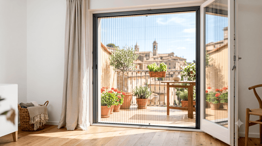 Zanzariera plissettata su misura installata su una porta finestra di un balcone