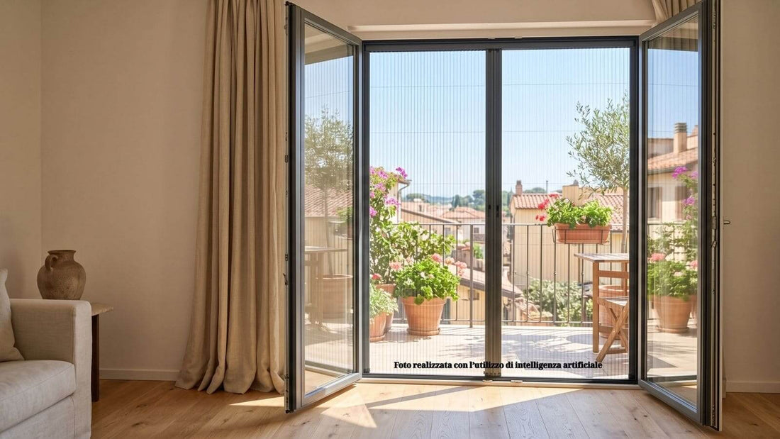 Zanzariera plissettata su misura installata su una porta finestra di un balcone