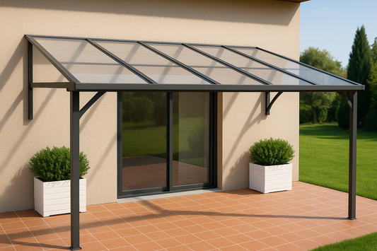 Immagine di una tettoia in policarbonato compatto che protegge l'ingresso di una casa.