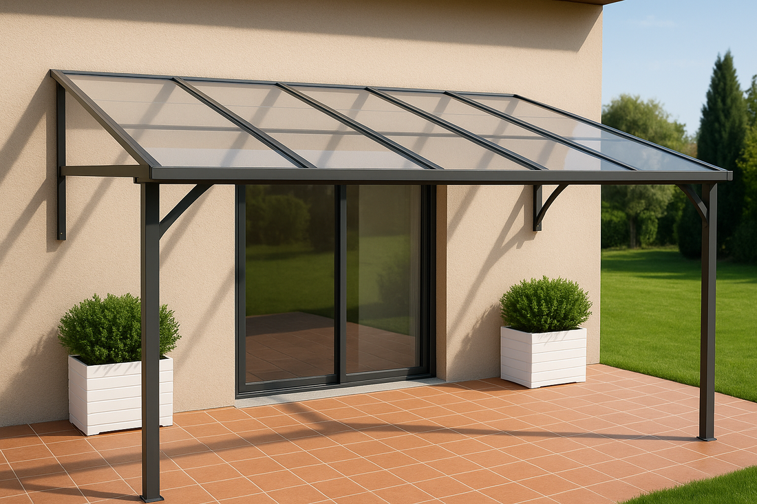 Immagine di una tettoia in policarbonato compatto che protegge l'ingresso di una casa.