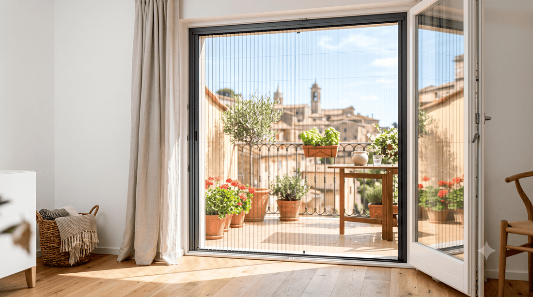 Zanzariera plissettata su misura installata su una porta finestra di un balcone