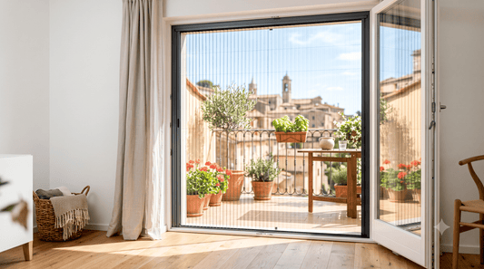 Zanzariera plissettata su misura installata su una porta finestra di un balcone
